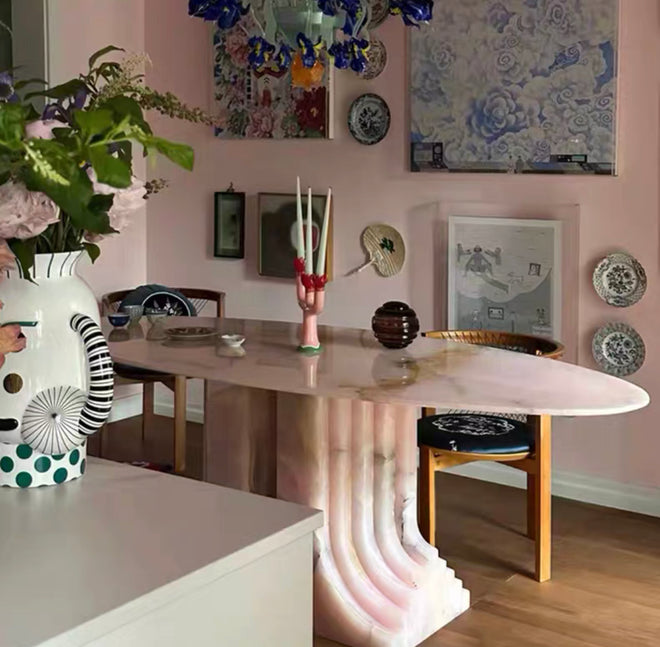 Emilia Natural Italian pink jade oval marble dining table