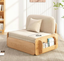 Compact oak sofa with plush upholstery.