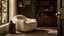 Ivory boucle luxury reading chair beside a window and walnut book wall, styled as a quiet premium seating corner with brass, leather and forest green accents.