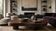 Sculptural dark walnut coffee table anchoring a refined living room with ivory boucle seating, aubergine sofa, curated ceramics and luxury home decor styling.