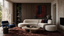 Warm 2026 luxury furniture trend living room with curved ivory seating, burgundy rug, smoked oak and polished metal coffee tables in a premium interior.