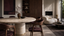 Heirloom materials interior with round stone dining table, walnut storage and boucle seating, showing stone, walnut and tactile luxury furniture together.