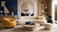 Curved luxury living room with ivory rounded sofa, yellow sculptural lounge chair and circular coffee tables, showing the softer shape of premium furniture.