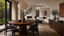 Warm minimalist dining and living room with round solid wood table, black chairs, rice-paper pendant and calm premium furniture proportions.