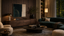 Dark walnut living room with low media cabinet, deep teal seating, layered table lighting and brass accents, showing the dark wood revival in luxury furniture.