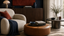 Tactile luxury lounge detail with cream boucle sofa, saddle leather ottoman, linen drapery and brushed metal table in a premium furniture interior.