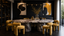 Sculptural marble dining table with saffron upholstered stools in a dramatic contemporary dining room, showing luxury furniture as functional art.