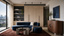 Compact luxury apartment living room with navy modular sofa, built-in pale timber storage and walnut cabinet, illustrating multifunctional premium furniture for small spaces.