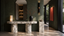Arabescato marble console table in an emerald architectural entryway with stone plinths and bronze accents, showing natural stone furniture beyond dining.
