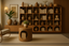 Mid-century modern living room with wooden shelves, neutral-toned books and vases, a round side table with flowers, lounge chair, and a wall-mounted lamp.
