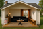 Cutaway house showing a staged living room with a black sofa under orange curtains, a wooden coffee table and bench, a dresser, and a ‘For Sale’ sign on the lawn.