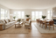 Open-plan living and dining room zoned with furniture and rugs, featuring neutral sofas, timber furniture and clear separation without walls.