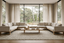 Quiet luxury living room with two neutral modular sofas, timber frames, a low wooden coffee table and a textured rug, styled in a calm, balanced layout.