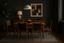 Dark-toned mid-century modern dining room featuring a wooden table with four woven leather chairs, abstract art, sideboard, and soft ambient lighting.