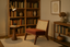 Reading nook with rattan lounge chair, side table, and bookshelves in a softly lit library corner.