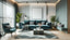 Modern living room with a teal sofa, accent chairs, geometric rug, coffee table, and indoor plants in a minimalist design