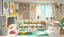 A bright living room with modular furniture, colorful cushions, shelves, plants, and large windows filling the space with natural light.