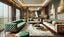 Luxurious living room with three premium sofas—a green tufted, white modular, and brown wooden-frame sofa, styled with a modern coffee table, accent pillows, and warm lighting.