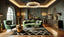 Art Deco-inspired living room featuring a khaki green velvet scalloped sofa, black and gold geometric rug, brass-accented furnishings, and moody emerald walls with gold detailing.