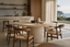 Luna Natural Round Travertine Dining Table in a travertine dining interior, styled with deep emerald, cream stone and dark walnut, showing premium furniture scale and luxury design context.