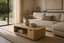 Scando Bent Plywood Oak Coffee Table in a Scandinavian coffee tables interior, styled with fog grey, pine green and pale birch, showing premium furniture scale and luxury design context.