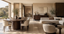 Quiet luxury interior with premium furniture, refined dining design and calm negative space.
