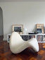 White fabric cantilever chair with chrome frame