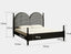 Black and white gingham headboard with double arches and dark wooden frame