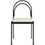 Minimalist black chair with unique dual-arch back design.