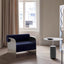 Navy upholstered chair with stainless steel frame