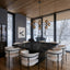 Nero Marquina Square dining table set in a modern dining room with wooden floor and roof and a snow covered area in the background