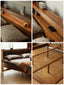 Cherry wood platform bed with tapered legs and built-in shelf headboard