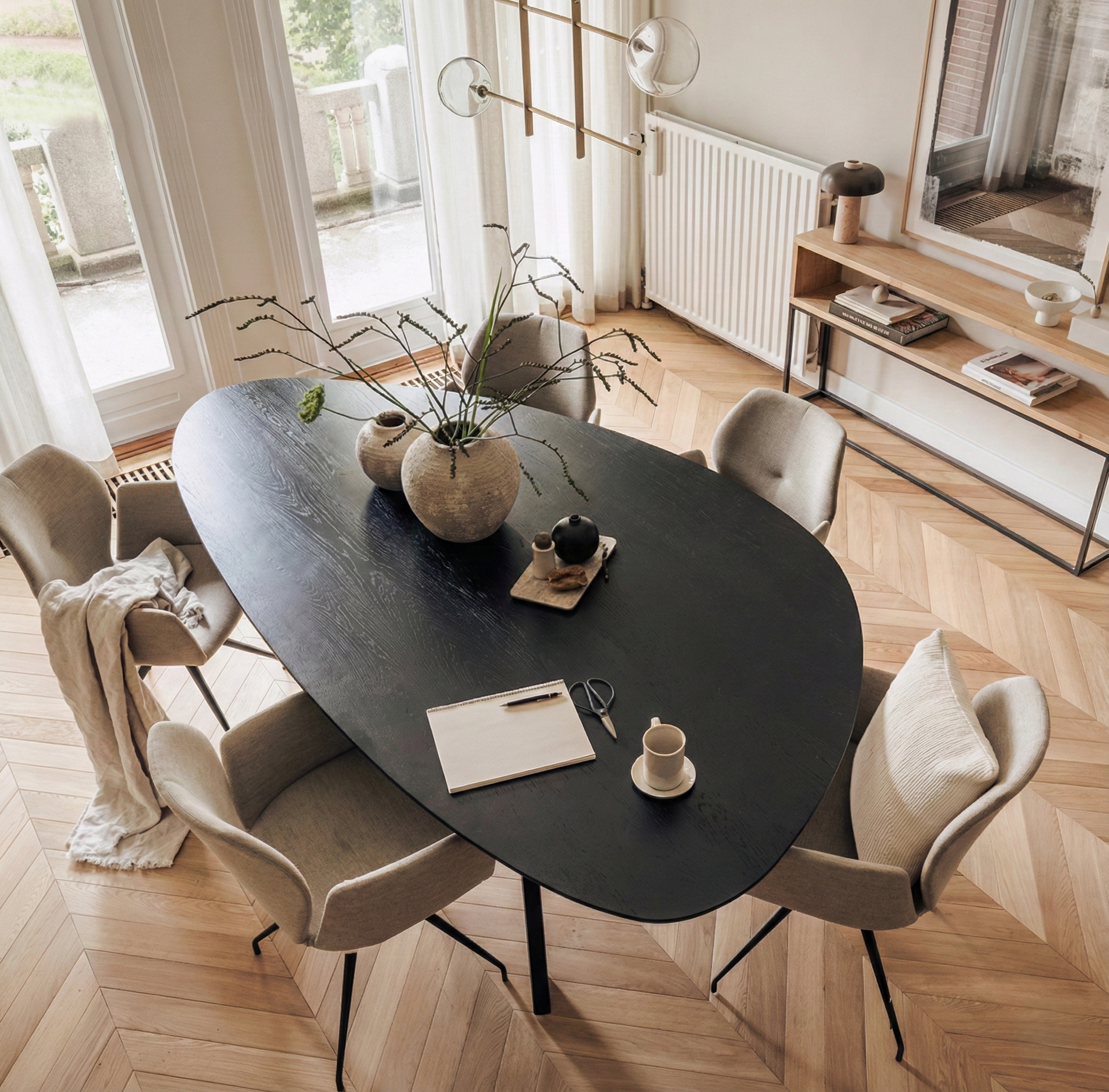 Colette Solid Wood Skinny Pebble Dining Table, premium solid wood luxury furniture for a refined dining room.