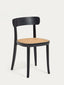 Black wooden dining chair with natural rattan seat