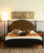 Olive green arched fabric headboard with black metal frame
