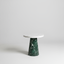 Conora pedestal side table with green marble base and white marble top on a light gray background.