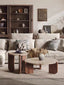 Minimalist design featuring a light marble surface and dark wood geometric supports
