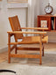 Modern lounge chair featuring natural wood and leather design