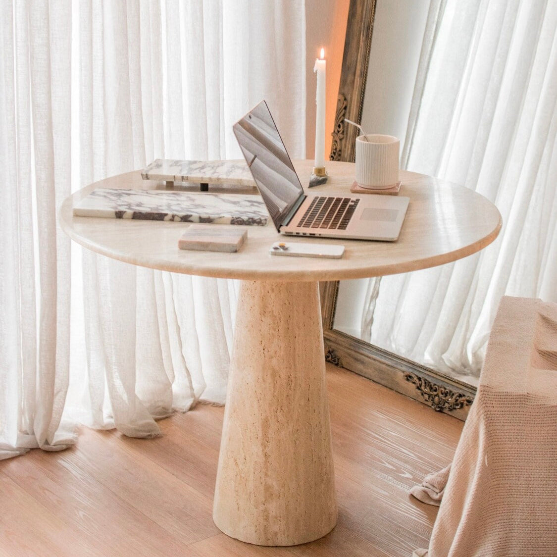 Francesca Natural Travertine Pedestal Round Table from Dill & Johan, selected for Round Dining Tables and the Intimacy of Premium Furniture, shown as product inspiration for premium furniture, material quality and luxury interior design context.