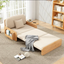 Front View: Elegant imported oak sofa bed with fabric cushions