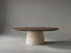Serena Oval Walnut and Travertine Dining Table with 180 cm oval walnut top and sculptural beige travertine pedestal base.