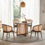 Modern solid wood dining set with natural rattan accents.
