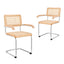 Pair of oak and rattan cantilever chairs with chrome frames against white wall