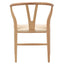 Elegant wishbone dining chair with curved backrest and woven seat.
