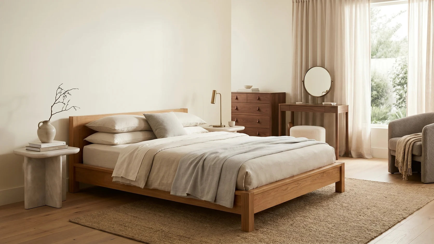Australian bedroom furniture with a timber bed, bedside table, dresser and vanity mirror in a warm natural light interior