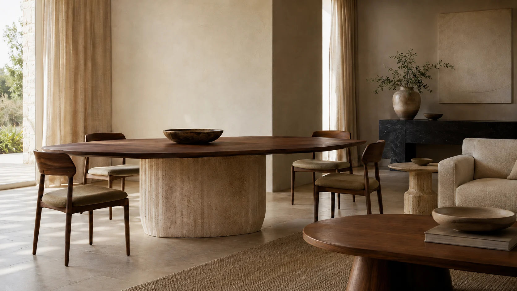 Refined table gallery with a walnut dining table, travertine base, coffee table and stone side table in a warm interior