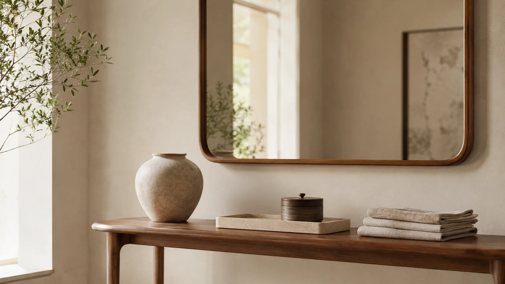 Home decor vignette with a timber console, wall mirror, ceramic vessel, stone tray and folded linen in warm natural light