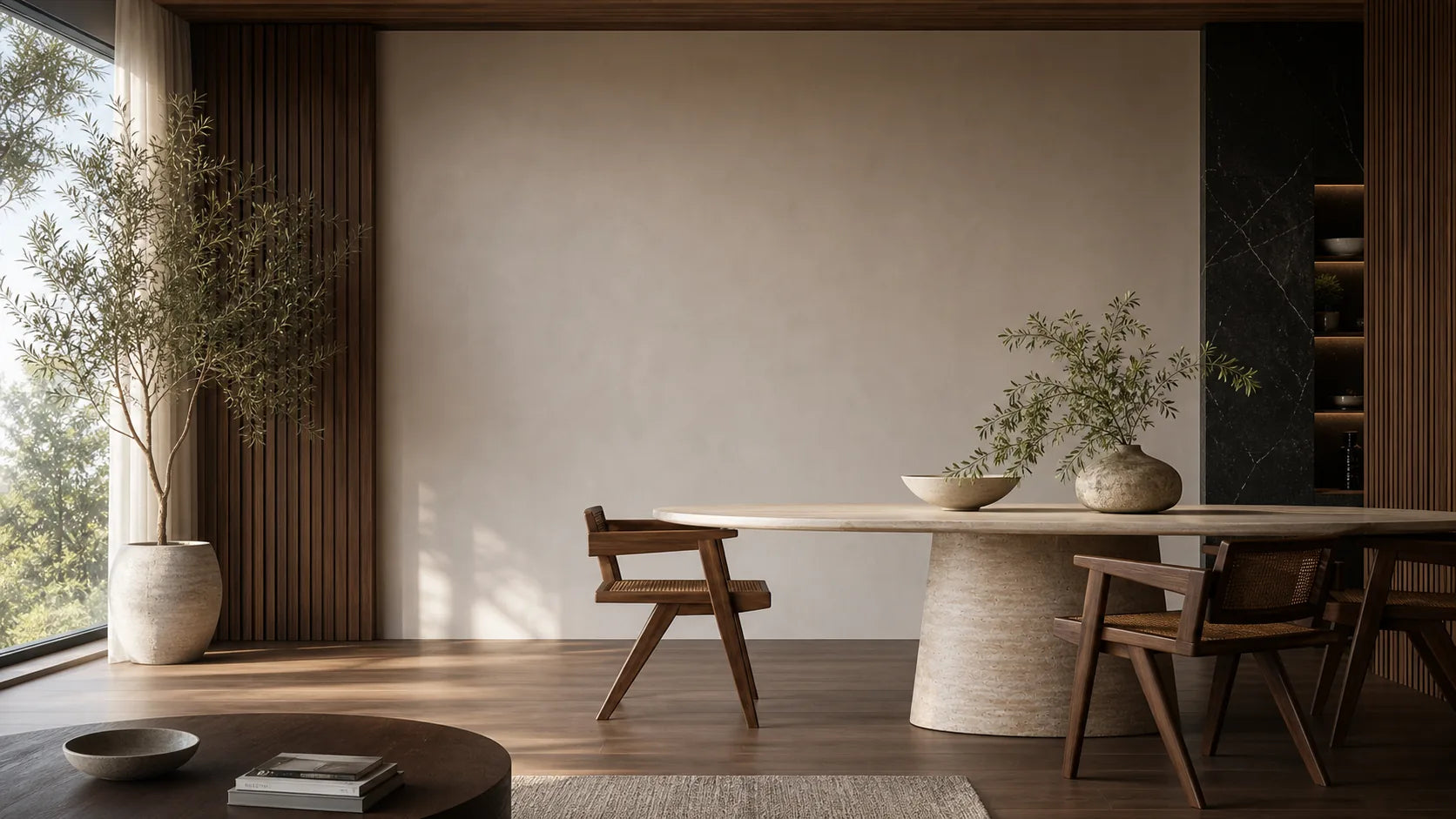 Luxury stone dining table with walnut timber furniture in a refined Dill and Johan interior